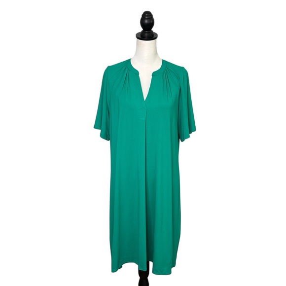 NWT J Jill Wearever Collection Shirred Dress Size L Relaxed A-Line Green Travel - Picture 3 of 13